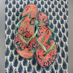 Lilly Pulitzer‎ Turquoise Tropical Vibe  Flip Flips Size 7/8